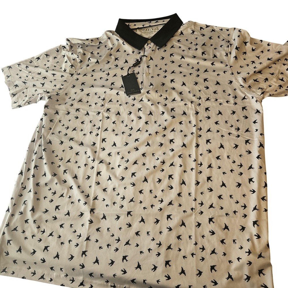 Maelreg Polo Shirt Mens‎ 2XL White Black Bird Print Performance Golf New